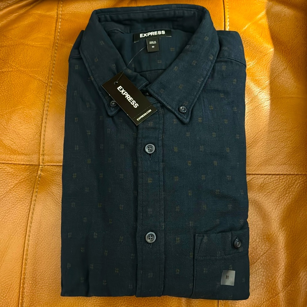 Express Geometric Square Print Textured Cotton Button Down Shirt